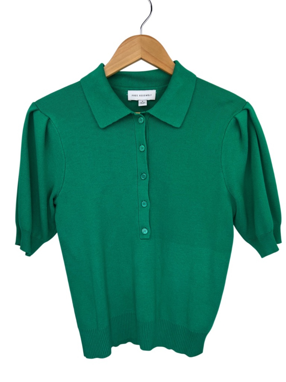 Free Assembly Green Puff Sleeve Knit Polo Sweater Shirt Small